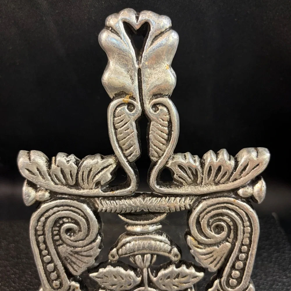 Vintage Cast Metal Trivet Grape & Leaf Scrollwork Silver Tone Victorian Style